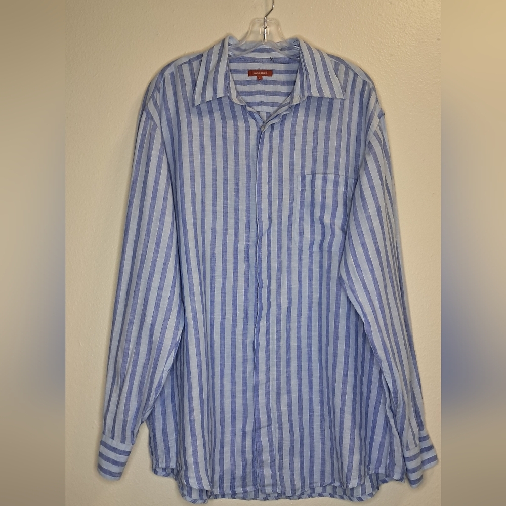 Sundance Men's Casual Blue and White Striped Shirt 100% Linen